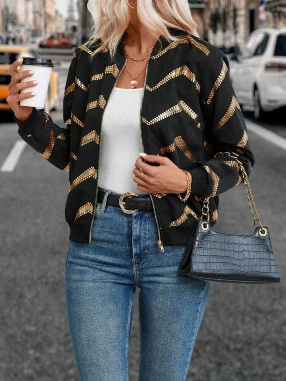 ZARA Women Fall Winter Zigzag Gold Foil Print Zip Front Bomber Jacket